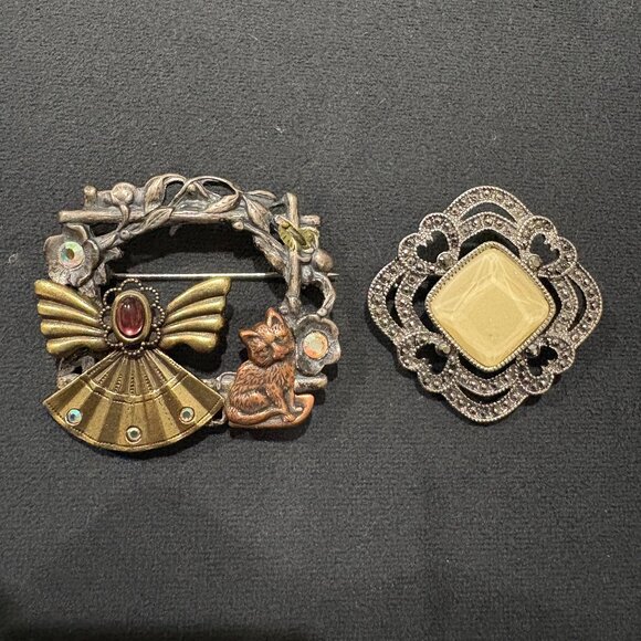 Kenneth Cole Liz Claiborne Jewelry - Two Vintage Pins Kenneth Cole and Liz Claiborne Angel with Cat
